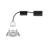 Round recessed LED spotlight housing in brushed aluminum with white LED module and black cable.