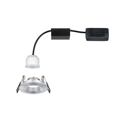 Round recessed LED spotlight housing in brushed aluminum with white LED module and black cable.