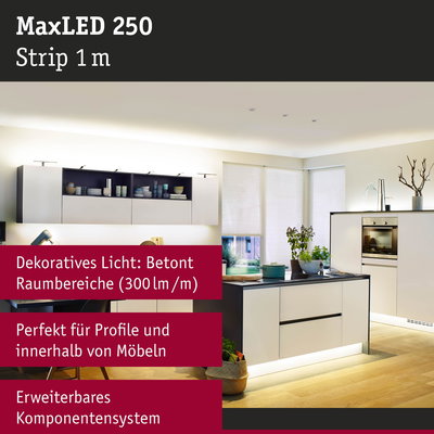 MaxLED 250 LED-Lichtstreifen 1 m in moderner Küche mit dekorativer Beleuchtung und Möbelakzent.