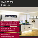 Moderne weiße Küchenzeile mit LED-Beleuchtung unter Schränken und Sockelbeleuchtung im Holzfußboden