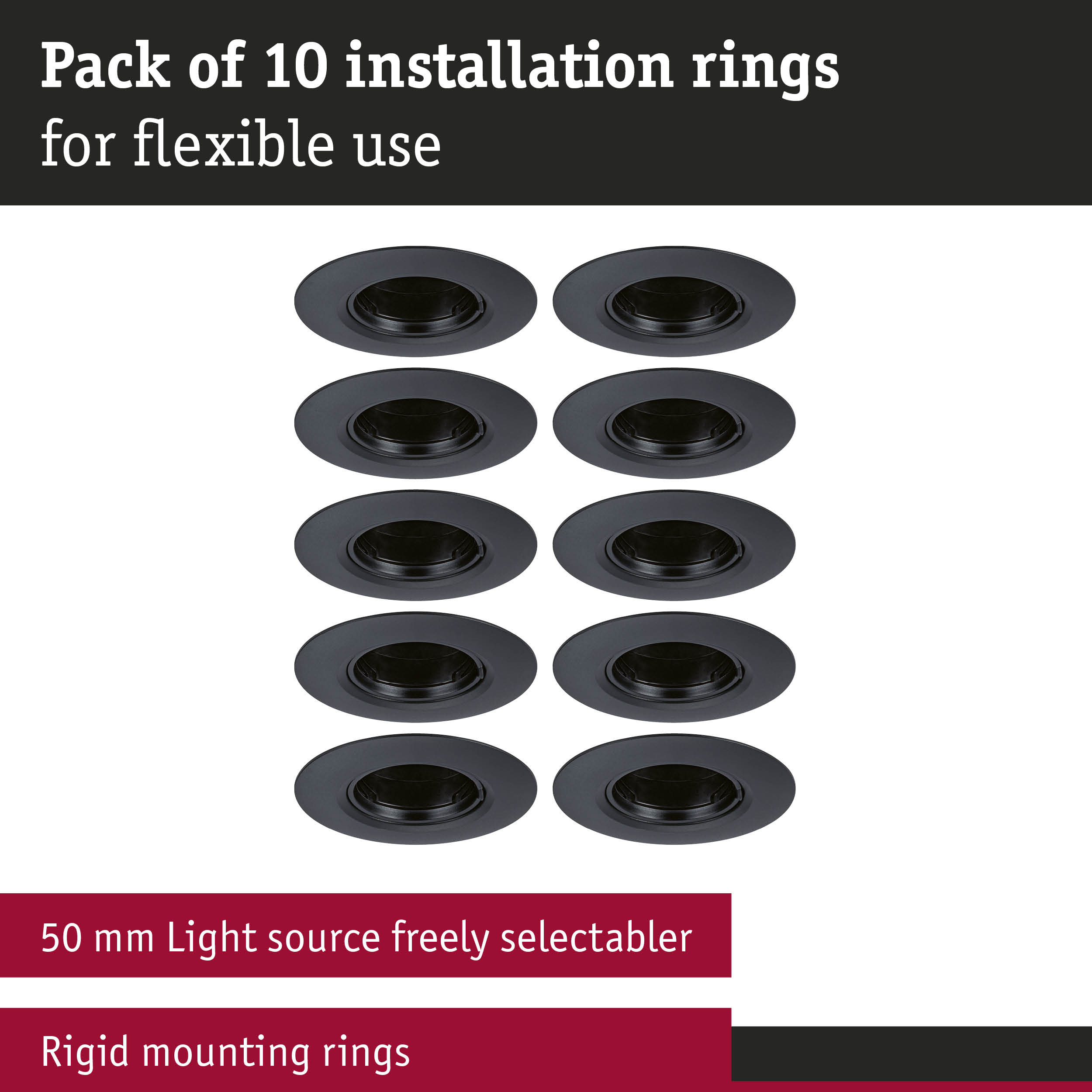 Pack of 10 black plastic mounting rings for flexible LED recessed lighting installation