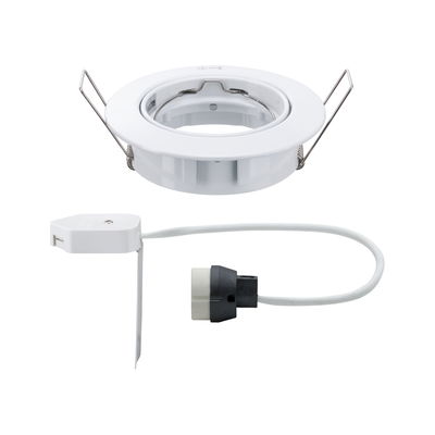 White plastic recessed spotlight with spring clips and cable adapter for LED lighting