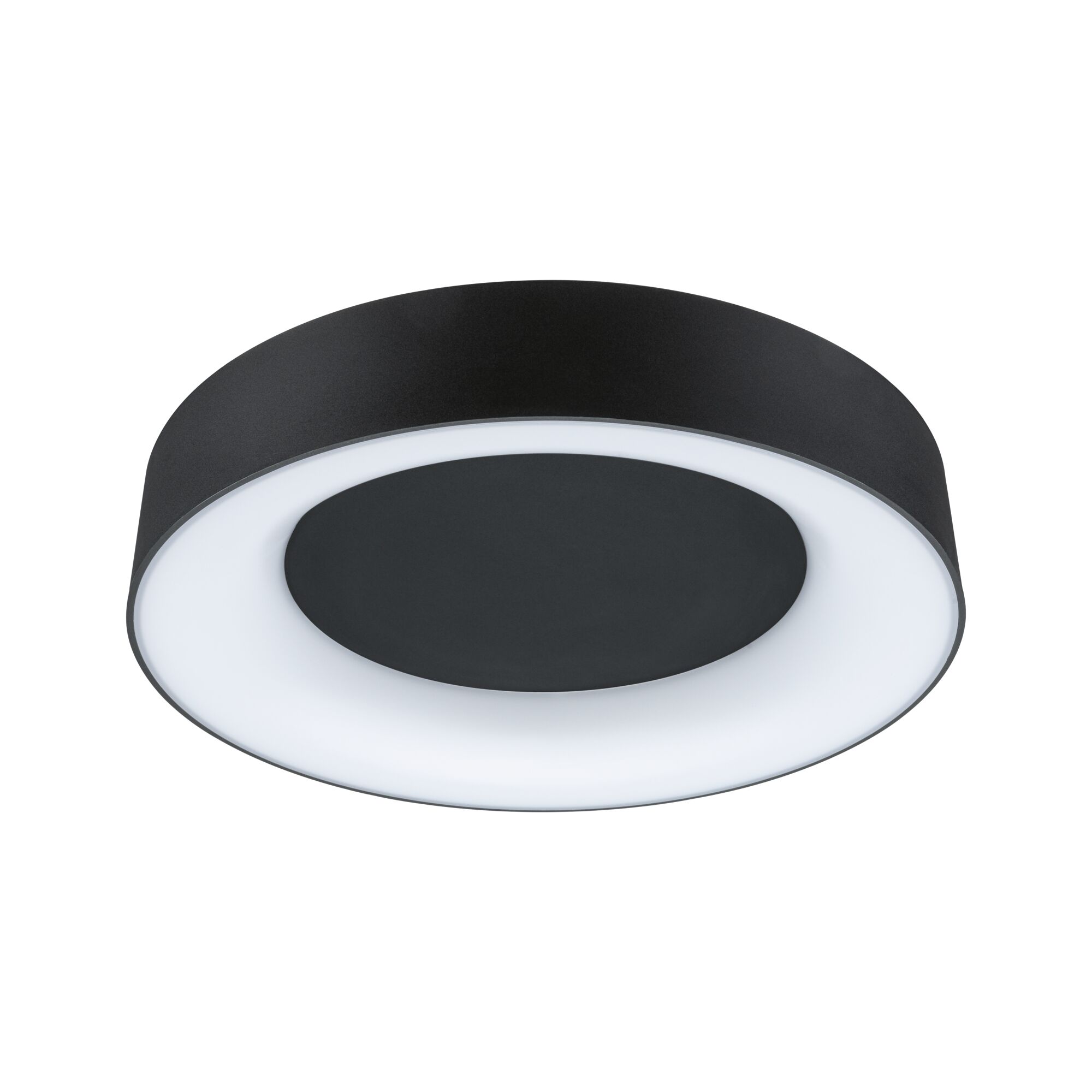 Round black LED ceiling light with white glowing ring made of metal for modern room lighting