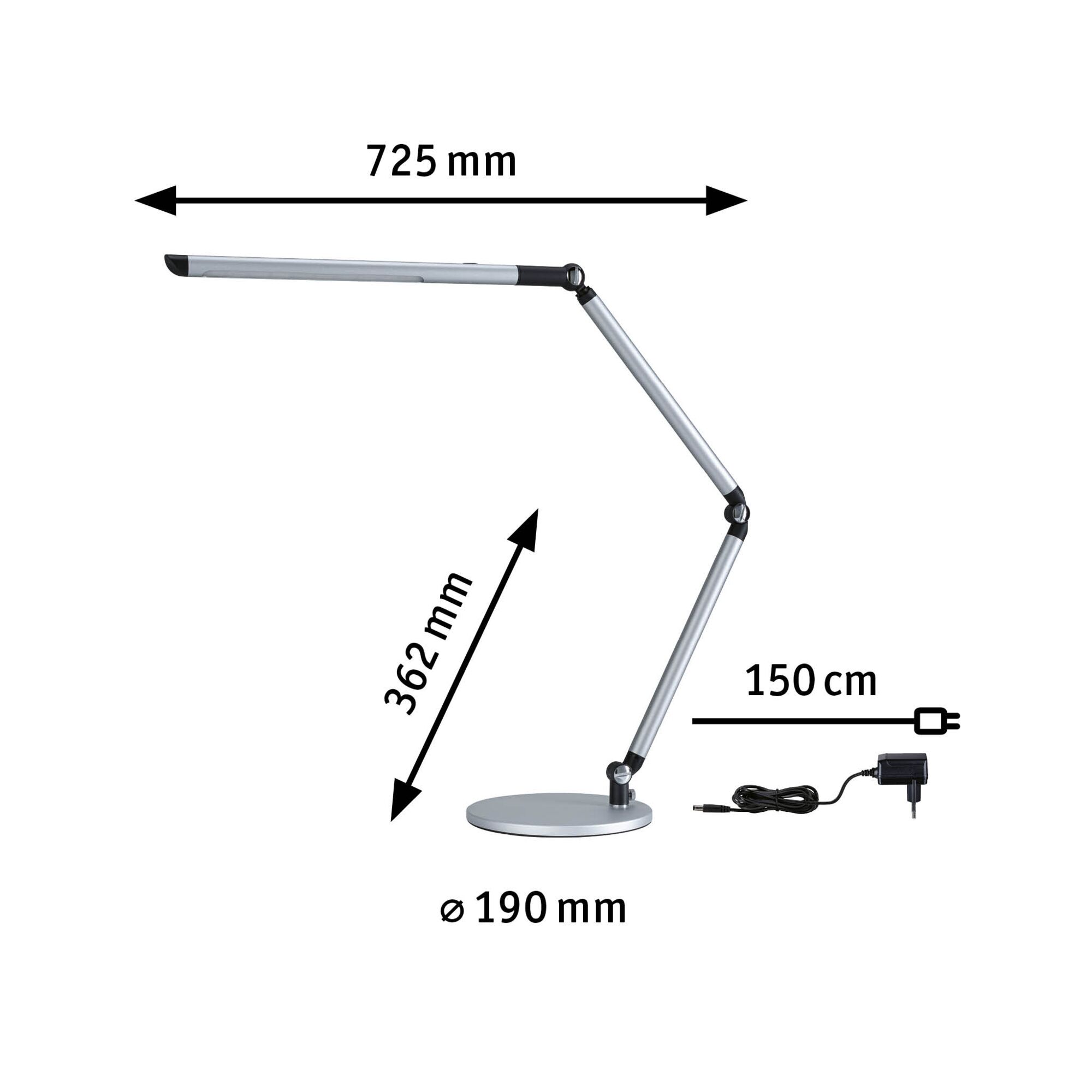 Silver LED desk lamp with adjustable arm and 150 cm cable for office lighting.