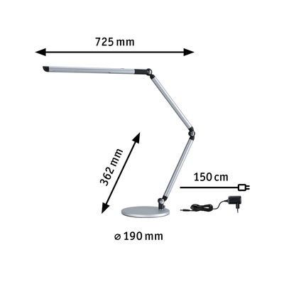 Lampe de bureau LED argentée avec bras réglable et câble de 150 cm pour éclairage de bureau.