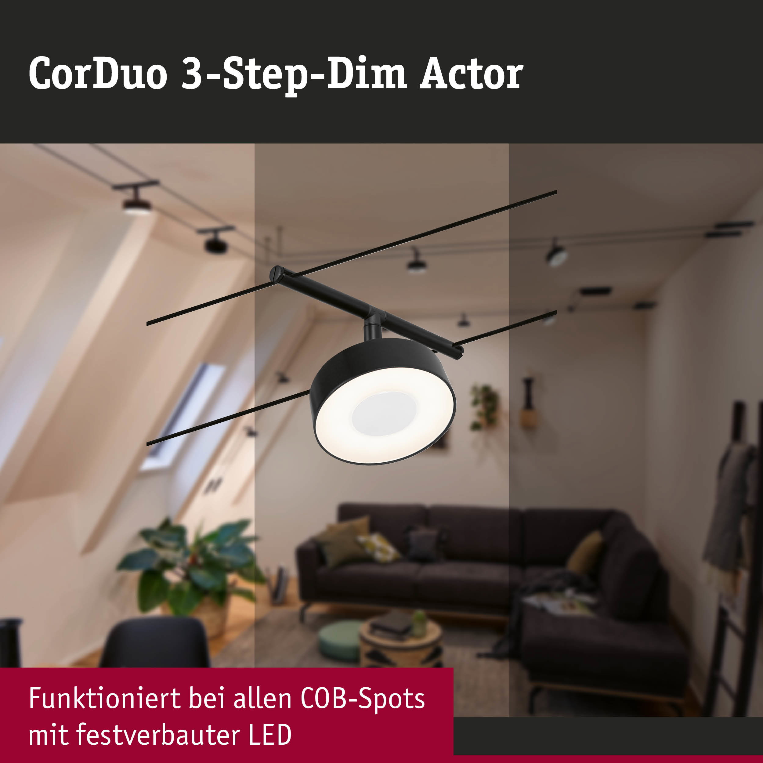 Schwarze CorDuo 3-Stufen-Dimmaktor LED-Leuchte in modernem Wohnzimmer mit Couch und Pflanzen