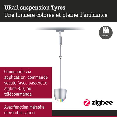 Suspension URail Tyros en métal argenté avec commande Zigbee et fonction mémoire