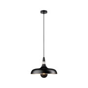 Black metal pendant light with matte finish and warm white light for modern living spaces