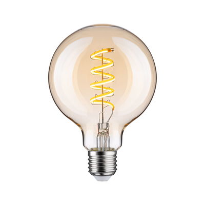 LED bulb with spiral filament in warm amber glass for decorative lighting and ambiance