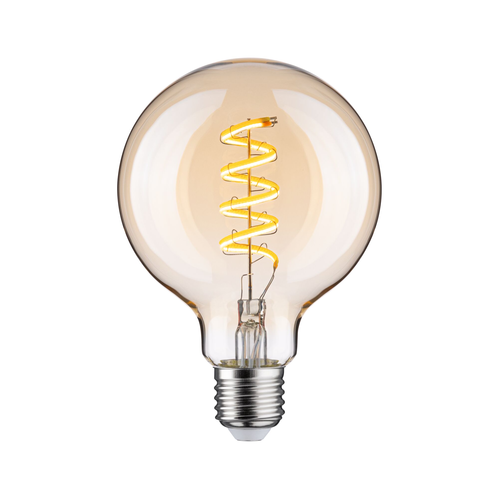LED bulb with spiral filament in warm amber glass for decorative lighting and ambiance