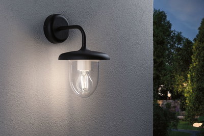 Schwarze Außenwandleuchte aus Metall mit klarem Glas und sichtbarer LED-Glühbirne für Gartenbeleuchtung