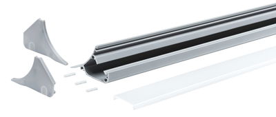Aluminium-Profil in Grau mit weißem Abdeckprofil und grauen Endkappen für LED-Streifenmontage