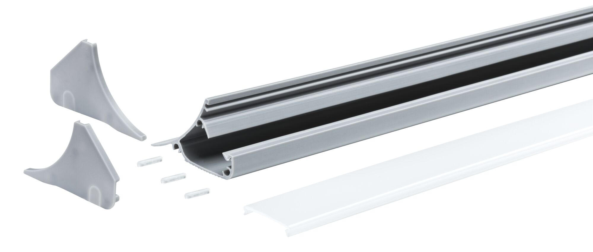 Aluminium-Profil in Grau mit weißem Abdeckprofil und grauen Endkappen für LED-Streifenmontage