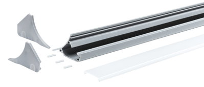Aluminium-Profil in Grau mit weißem Abdeckprofil und grauen Endkappen für LED-Streifenmontage