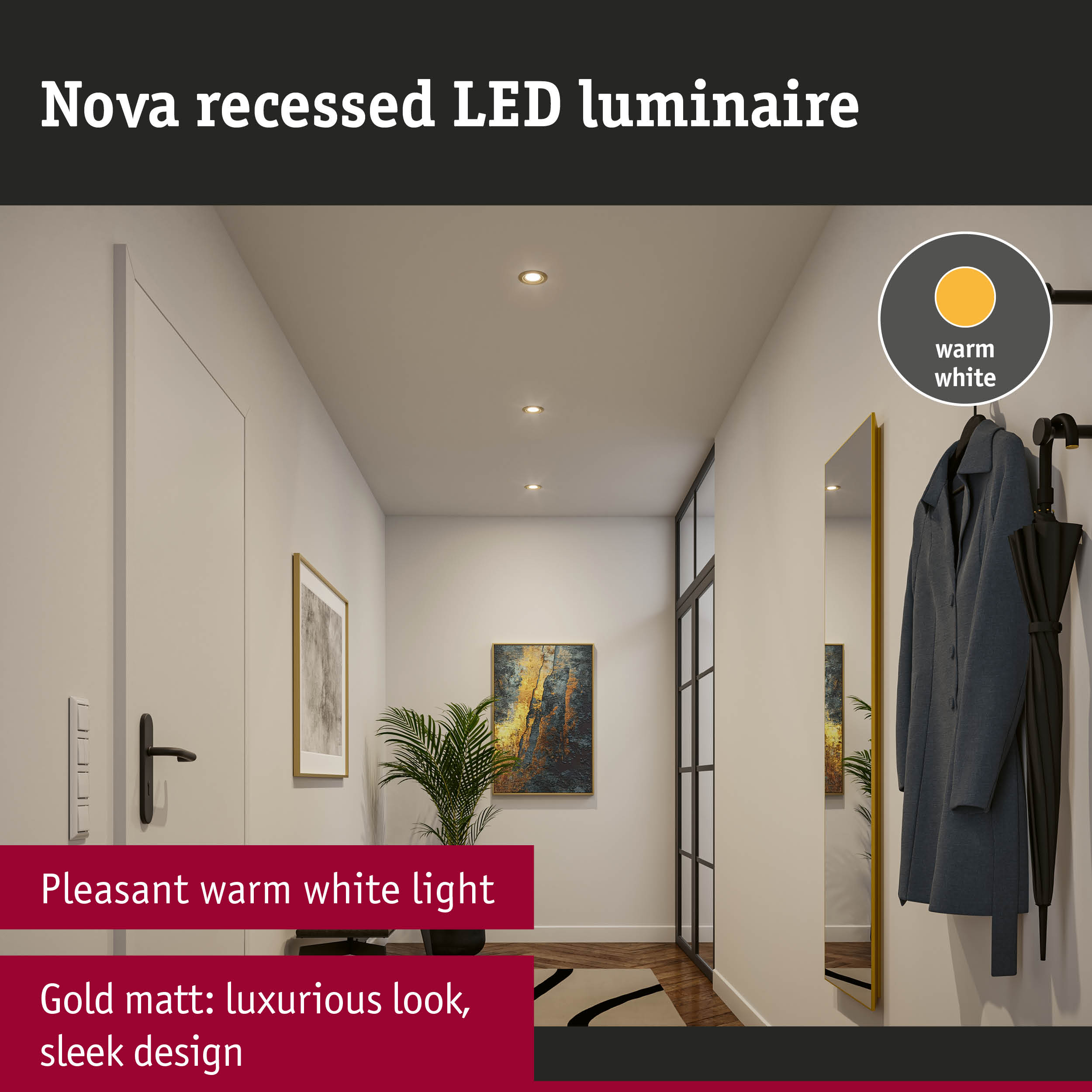 Nova recessed LED luminaire in matte gold with warm white light in modern hallway with coat rack