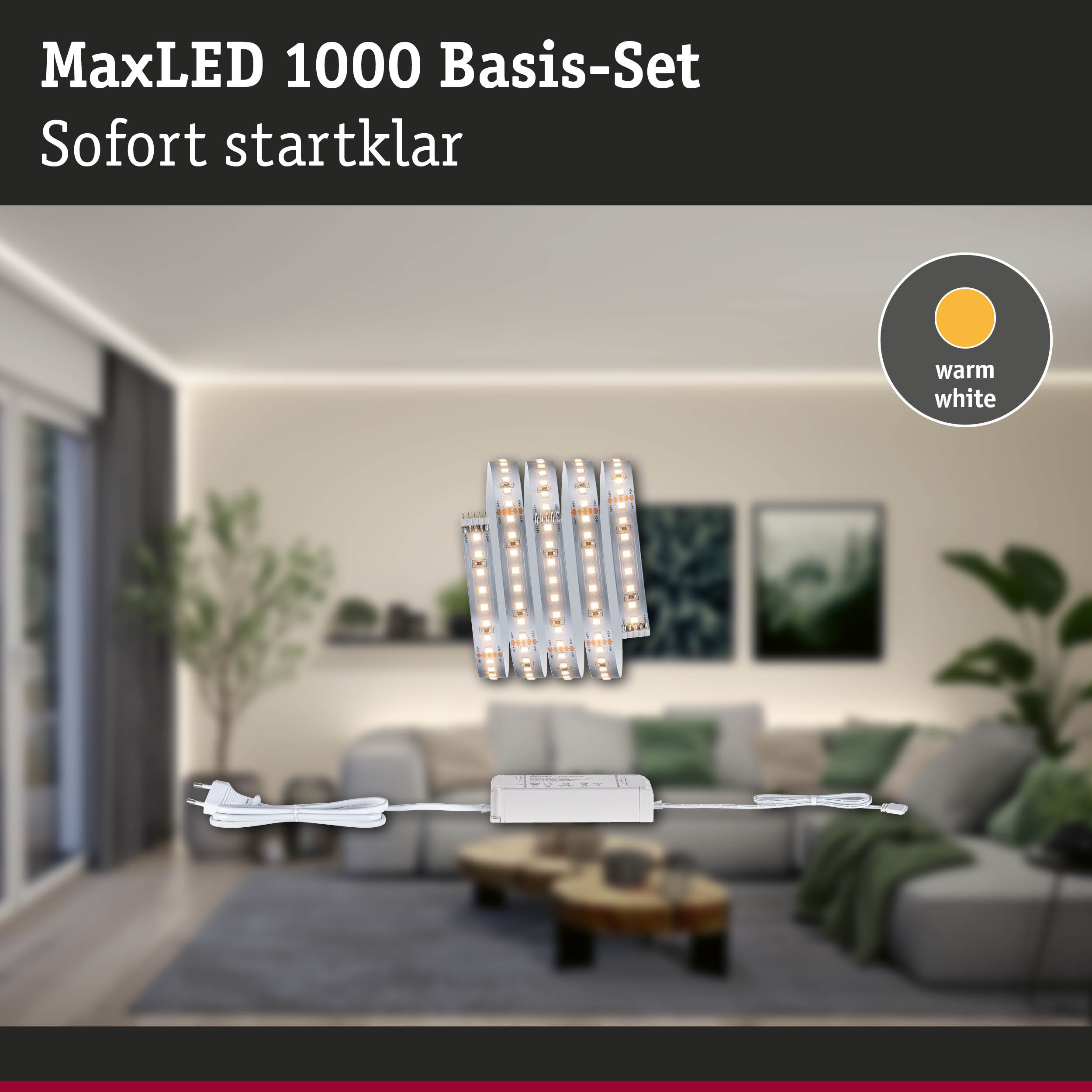 MaxLED 1000 Basis-Set mit warmweißen LED-Streifen und Netzteil für einfache Raumbeleuchtung