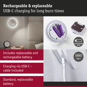 White LED wall spotlight with USB-C charging cable and replaceable battery for long burn time
