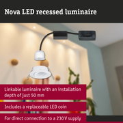 Nova LED recessed spotlight in white with black cable and LED driver for shallow ceiling installation