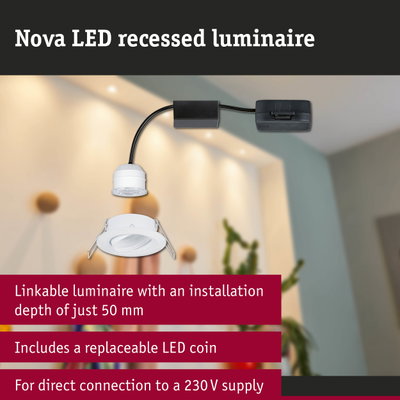 Nova LED recessed spotlight in white with black cable and LED driver for shallow ceiling installation