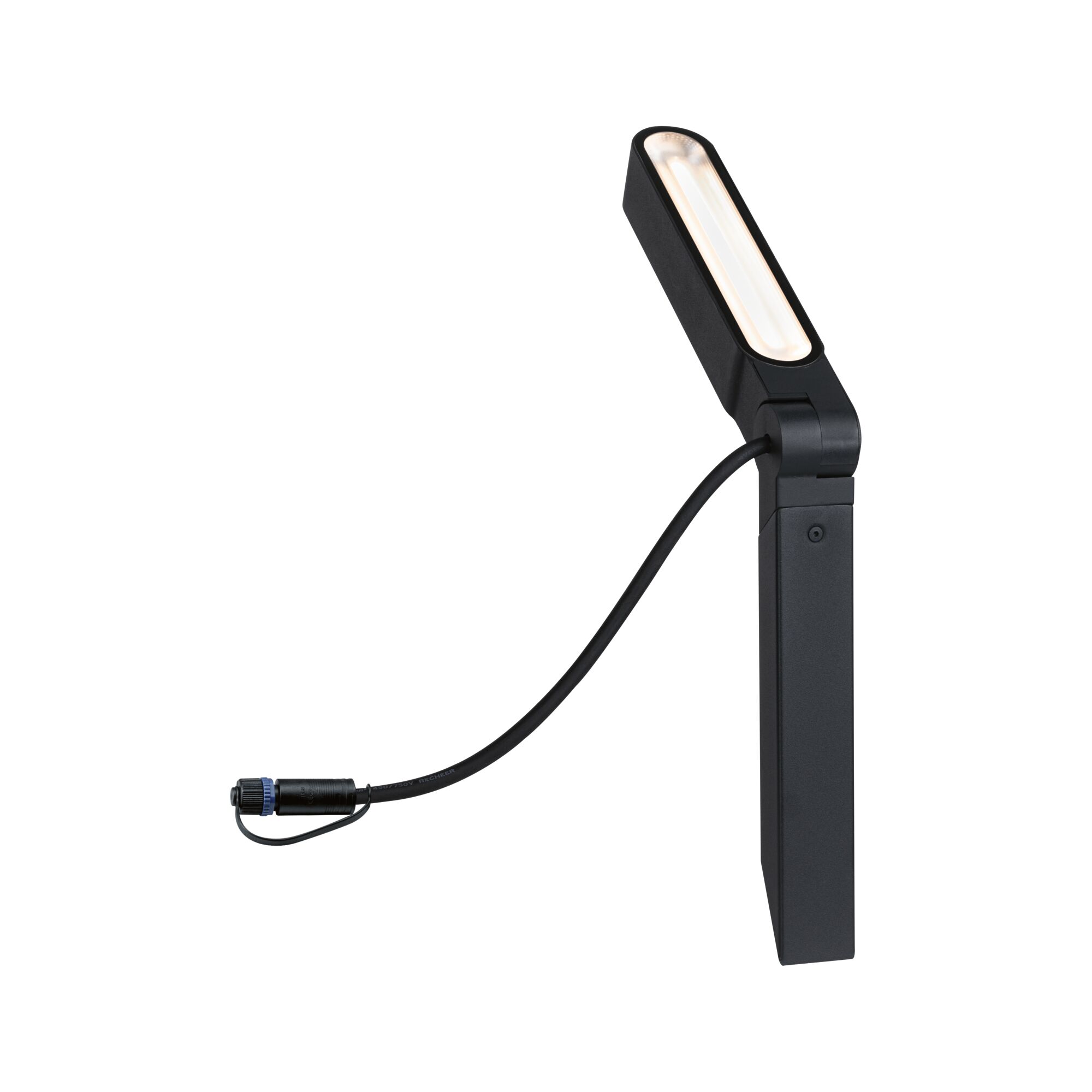 Black metal LED work light with flexible joint and cable connection for precise lighting in workspaces