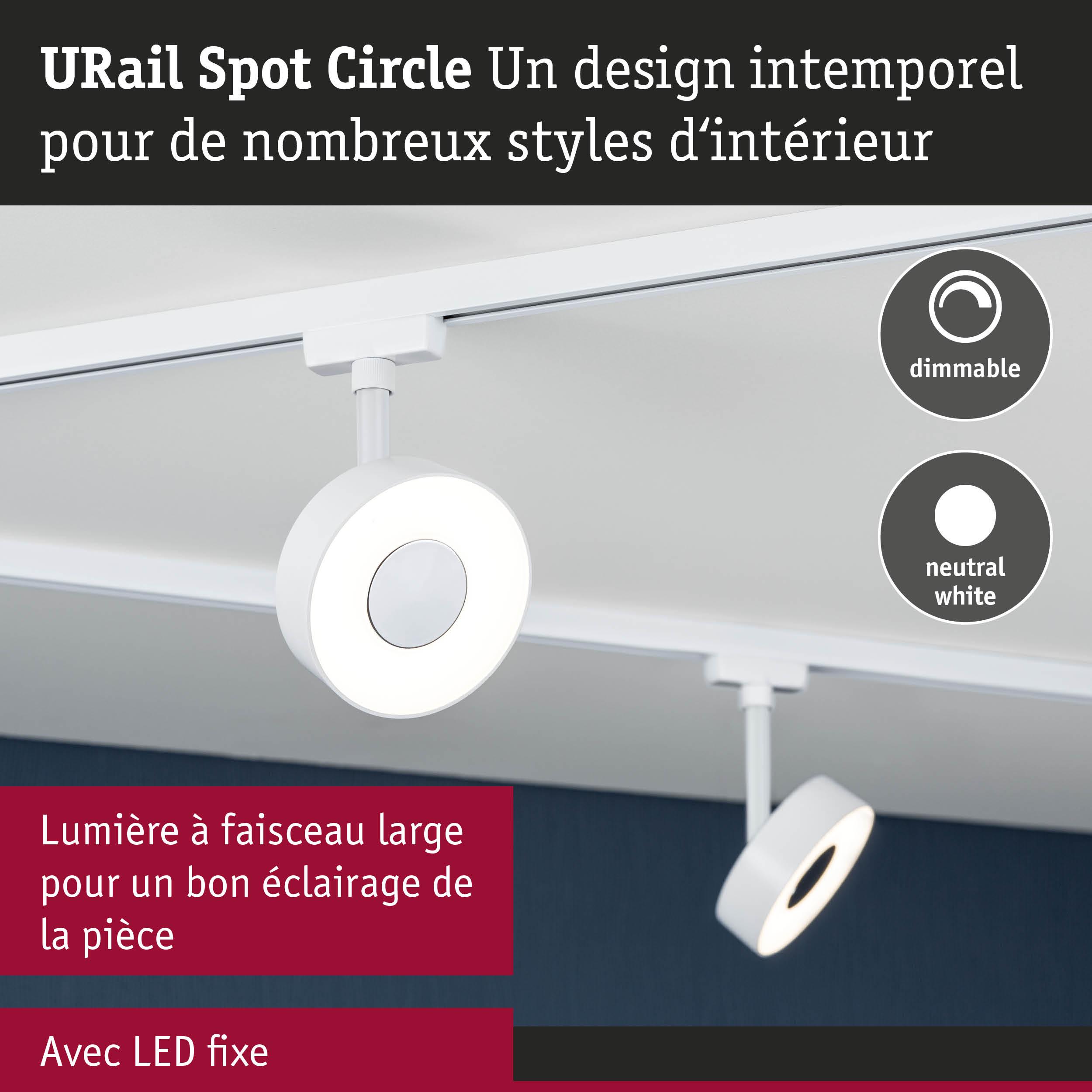 Spot LED URail Spot Circle blanc avec large faisceau lumineux et lumière blanche neutre dimmable