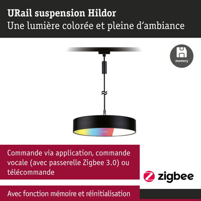 Suspension URail Hildor noire LED avec lumière colorée et commande Zigbee intelligente