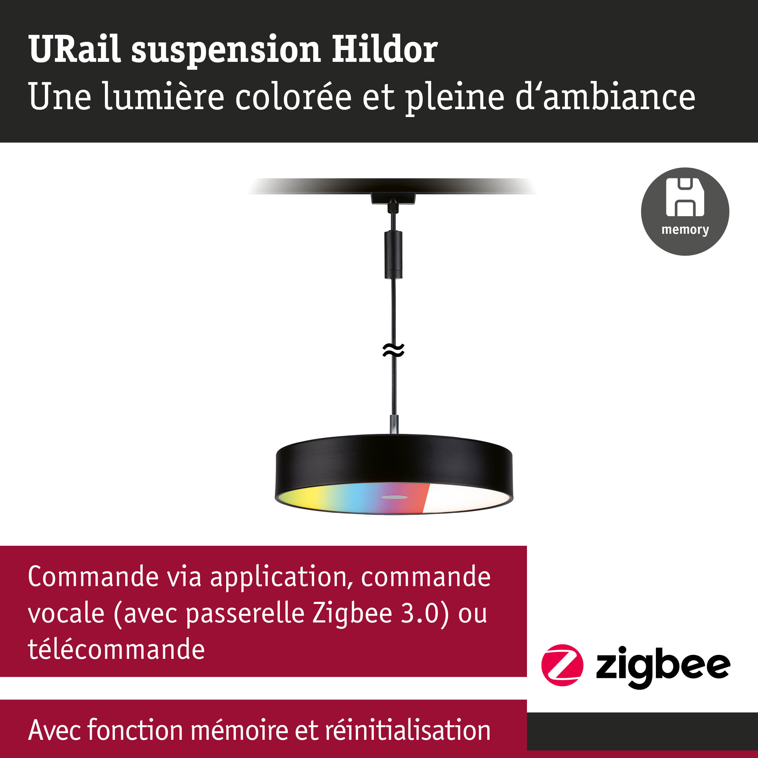 Suspension URail Hildor noire avec lumière colorée et commande Zigbee 3.0 pour éclairage intelligent