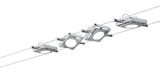 Modern cable lighting system with four square silver metal LED lights for versatile room illumination