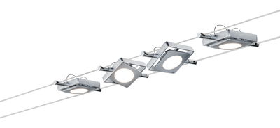 Modern cable lighting system with four square silver metal LED lights for versatile room illumination