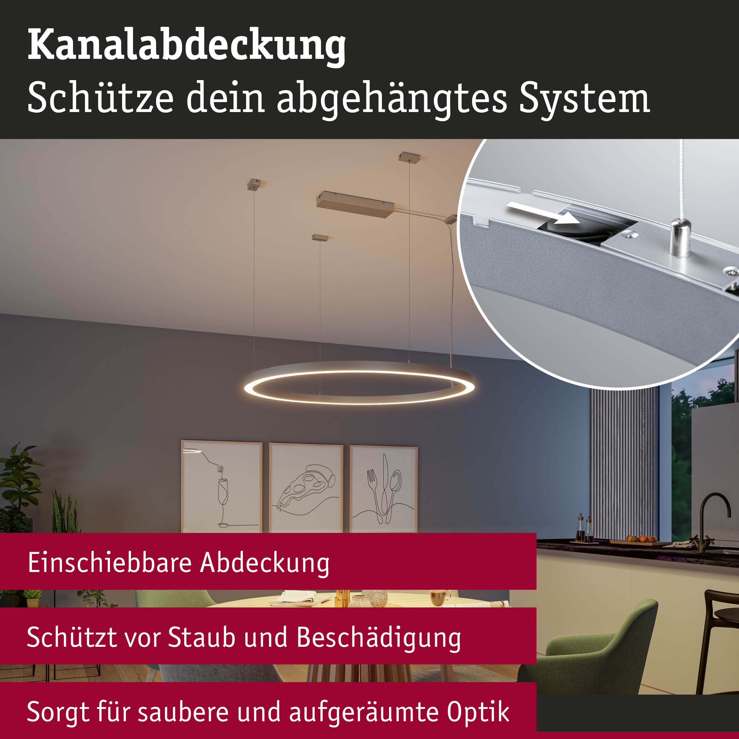 Moderne runde LED-Hängeleuchte mit silberner Kanalabdeckung für saubere Deckenoptik