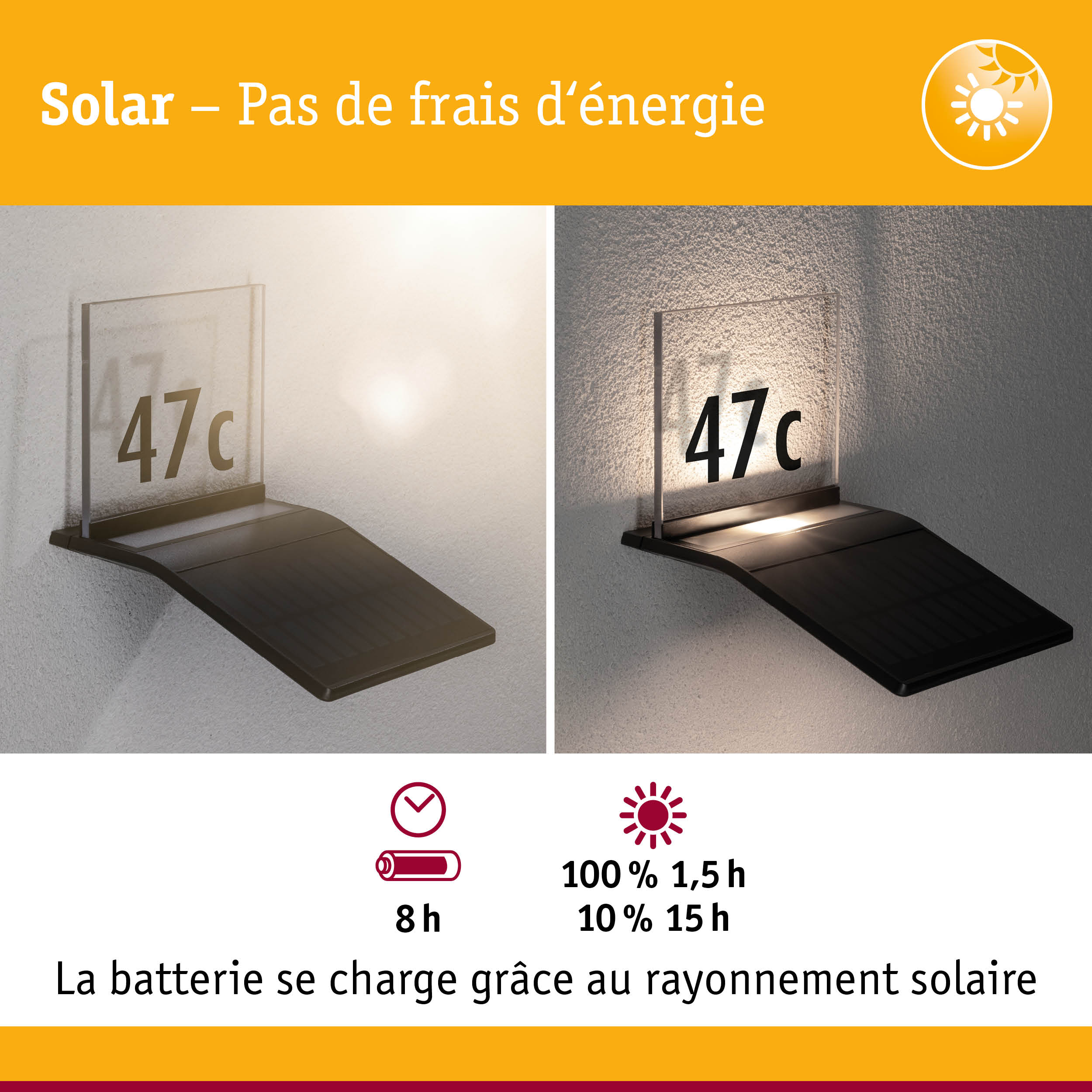 Éclairage solaire pour numéro de maison avec base noire en plastique et panneau transparent pour éclairage extérieur économique