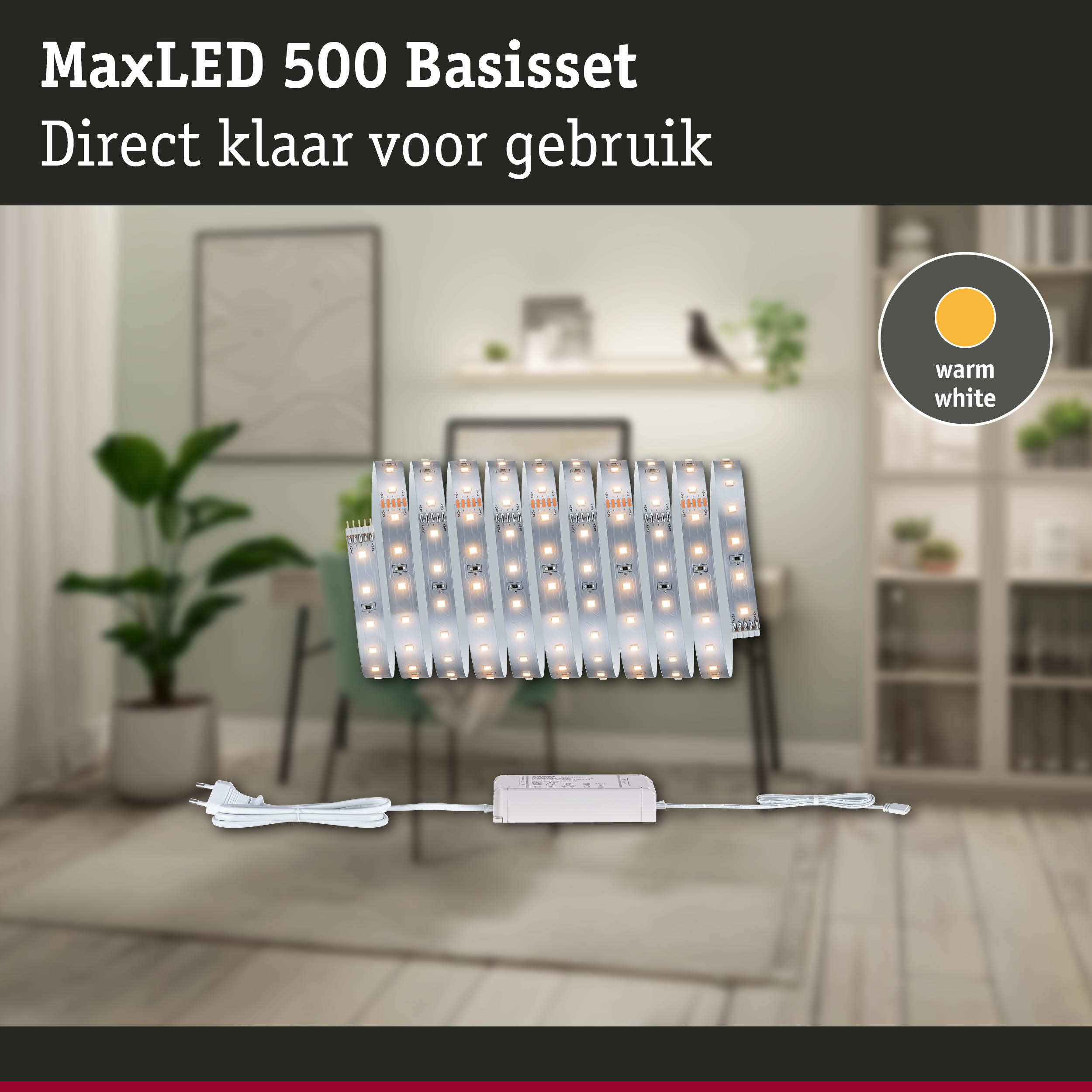 MaxLED 500 basisset met warmwitte LED-strips en voeding voor eenvoudige lichtinstallatie