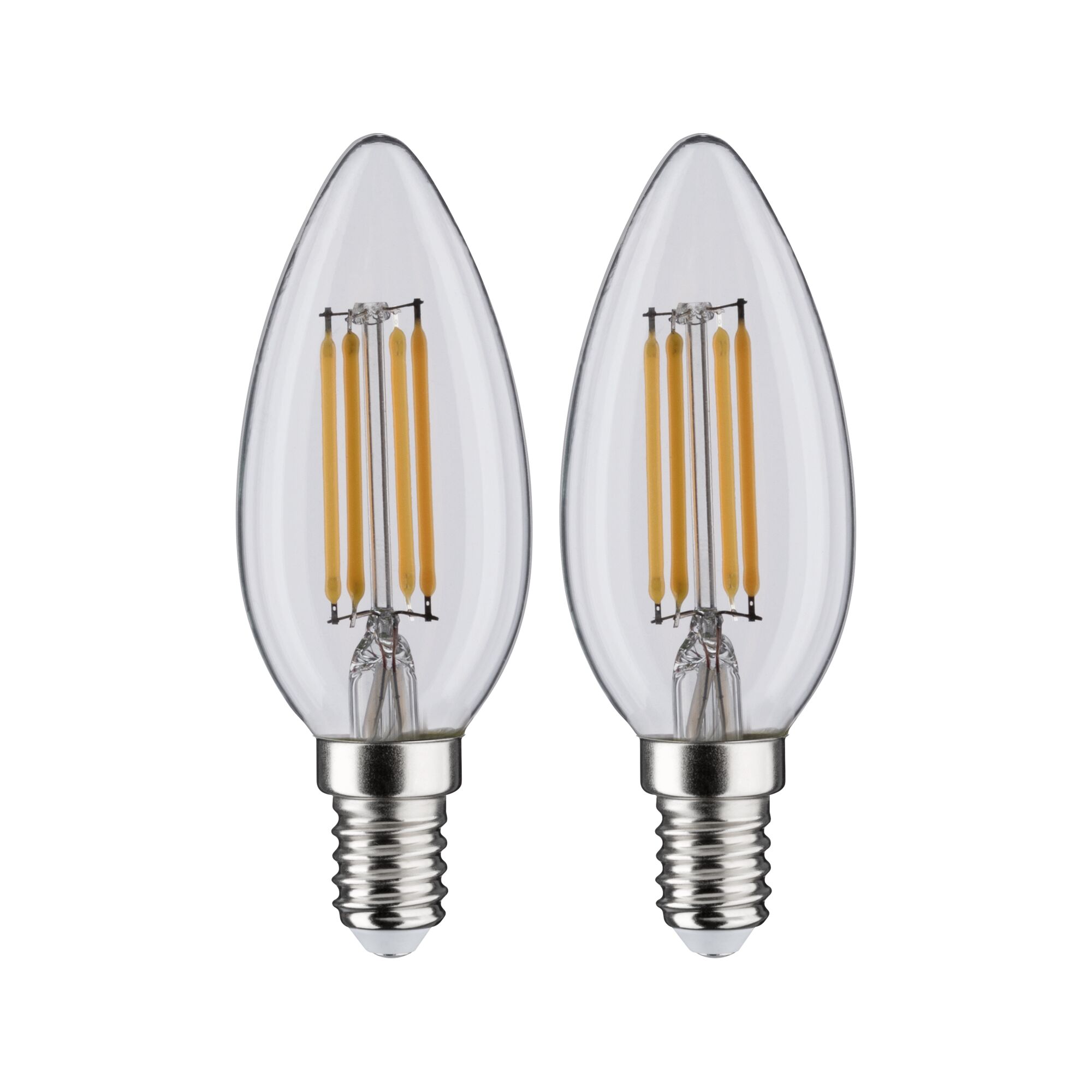 Zwei klare LED-Kerzenlampen mit E14-Fassung und sichtbaren gelben Filamenten für energiesparende Beleuchtung.