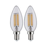 Zwei klare LED-Kerzenlampen mit E14-Fassung und sichtbaren gelben Filamenten für energiesparende Beleuchtung.