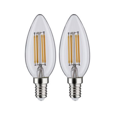 Zwei klare LED-Kerzenlampen mit E14-Fassung und sichtbaren gelben Filamenten für energiesparende Beleuchtung.