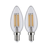 Zwei klare LED-Filamentkerzenlampen mit E14-Fassung und warmweißem Licht für energiesparende Beleuchtung