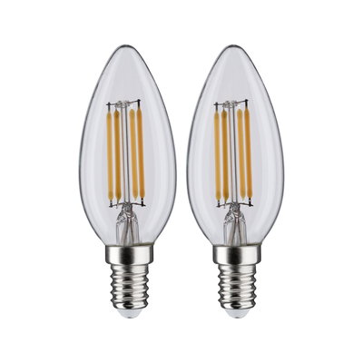 Zwei klare LED-Filamentkerzenlampen mit E14-Fassung und warmweißem Licht für energiesparende Beleuchtung