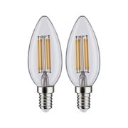 Zwei klare LED-Filamentkerzenlampen mit E14-Fassung und warmweißem Licht für energiesparende Beleuchtung