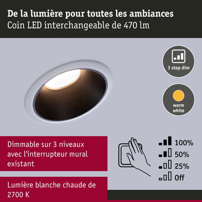 Spot LED encastré blanc avec lumière blanc chaud et gradation en 3 niveaux pour ambiance