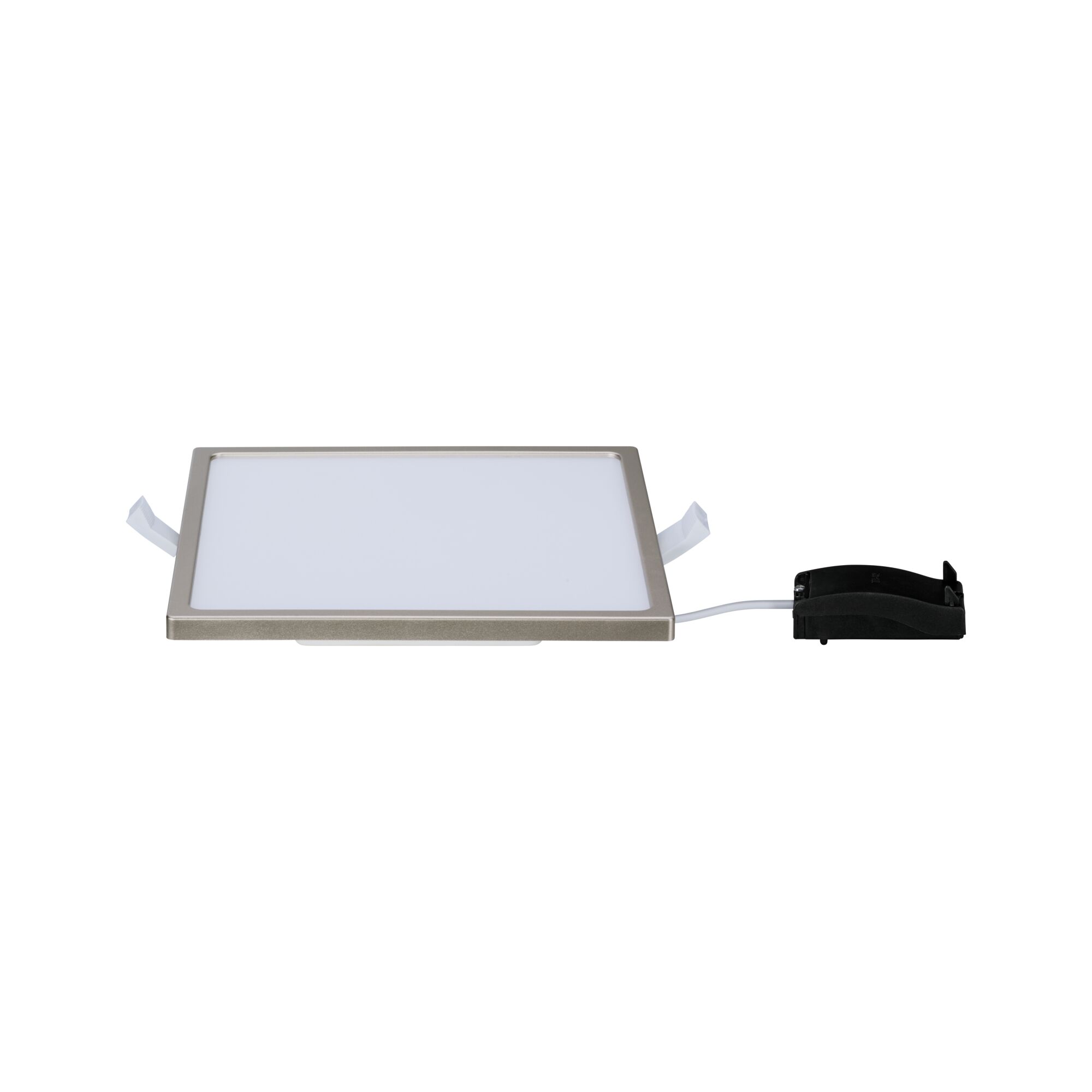 Rectangular LED panel with silver aluminum frame and white light surface for modern room lighting