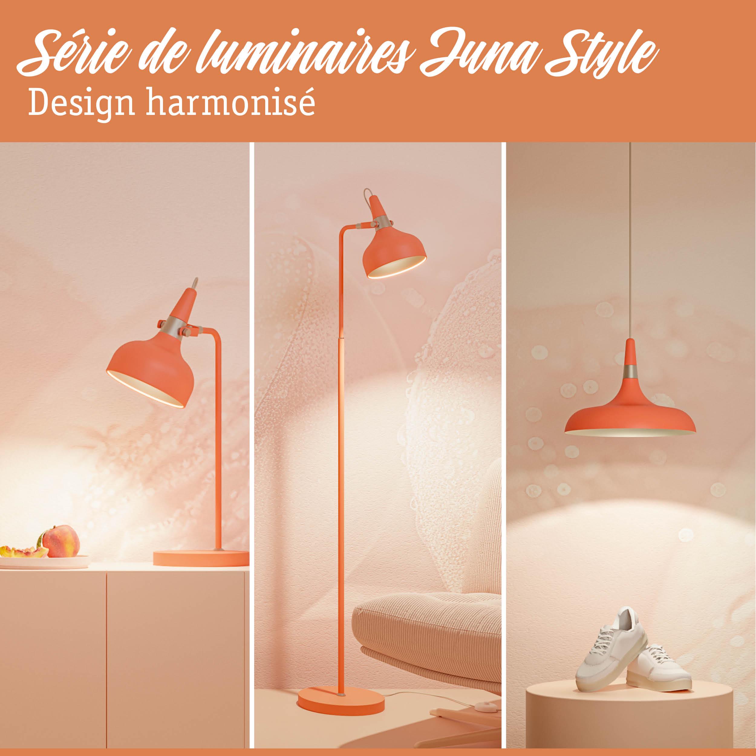 Trois luminaires orange Luna Style en métal : lampe de table, lampadaire et suspension pour intérieur moderne