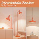 Trois luminaires orange Luna Style en métal : lampe de table, lampadaire et suspension pour intérieur moderne