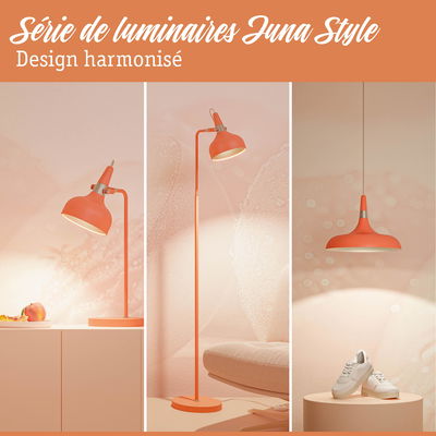 Trois luminaires orange Luna Style en métal : lampe de table, lampadaire et suspension pour intérieur moderne