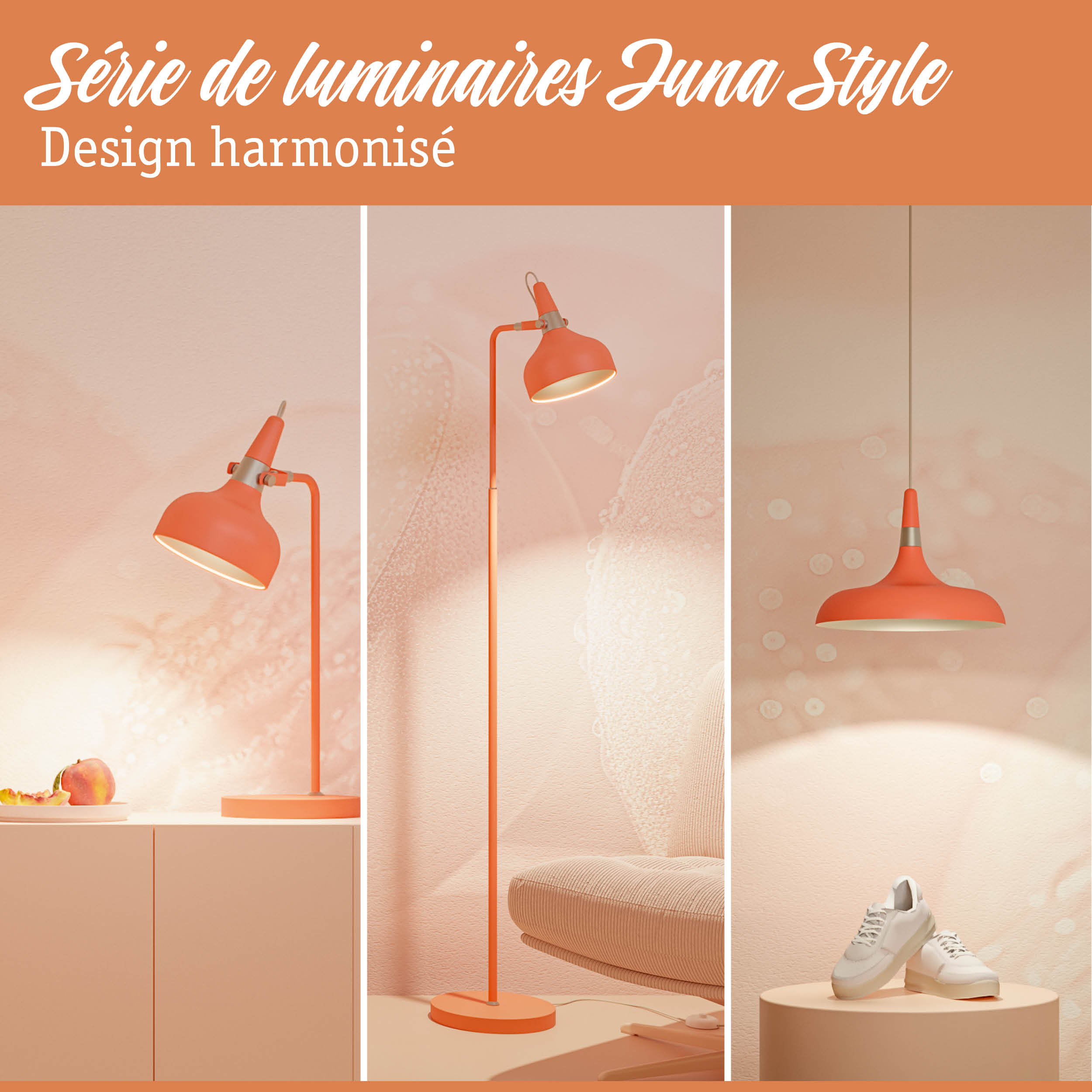 Série Juna Style orange au design harmonieux avec lampe de table, lampadaire et suspension pour éclairage intérieur