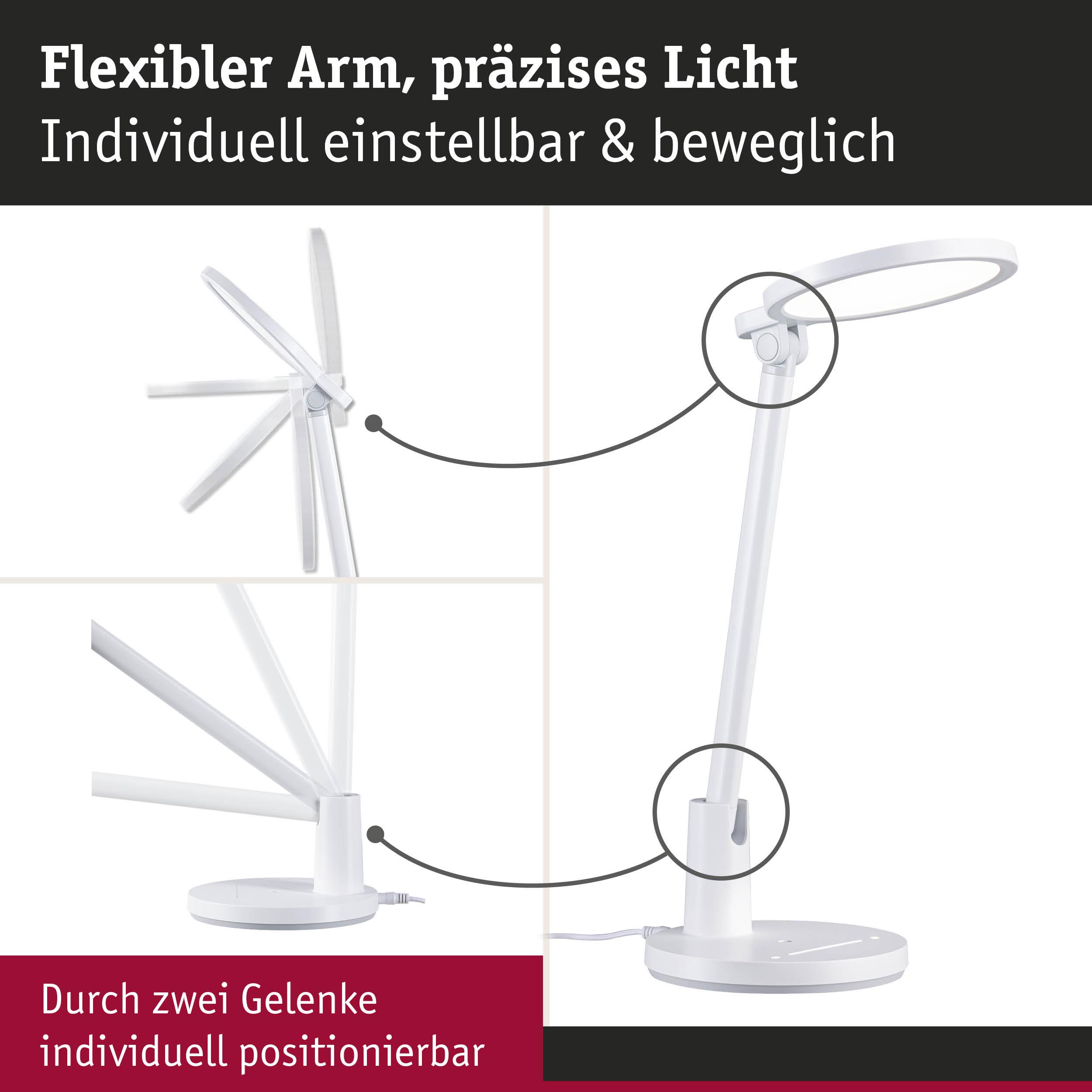 Weiße LED-Schreibtischlampe mit flexiblem Arm und zwei Gelenken für präzise Lichtpositionierung