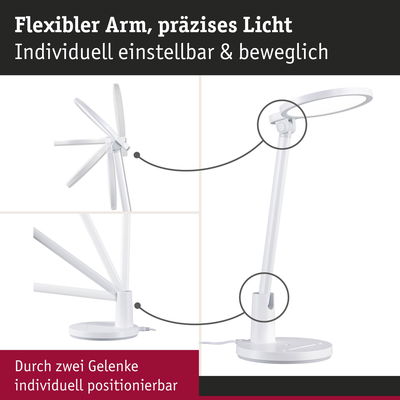 Weiße LED-Schreibtischlampe mit flexiblem Arm und zwei Gelenken für präzise Lichtpositionierung