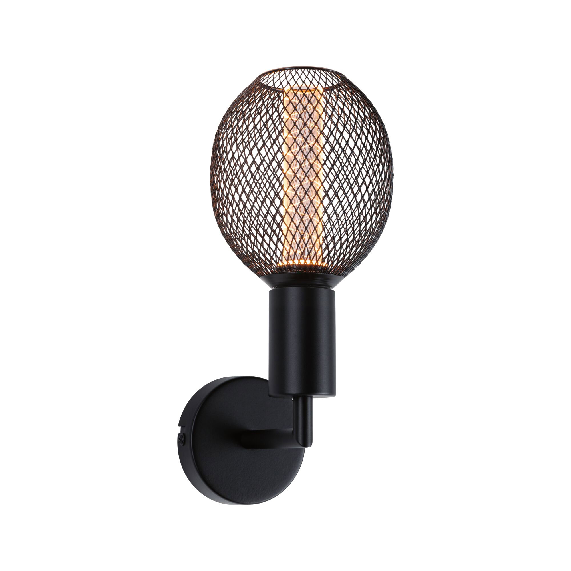 Moderne Wandlampe aus schwarzem Metall mit rundem Gitterschirm und warmweißem LED-Licht