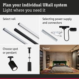 Black and white URail track lighting systems with power supplies and black spot and pendant lights for home lighting