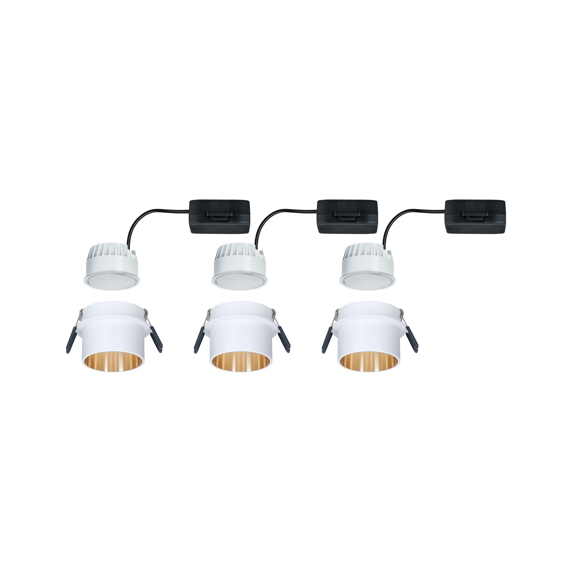 Drie witte LED-inbouwspots met gouden reflector en zwarte kabel voor moderne binnenverlichting.