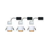 Three white LED recessed spotlights with gold reflector and black cable for modern interior lighting solutions.